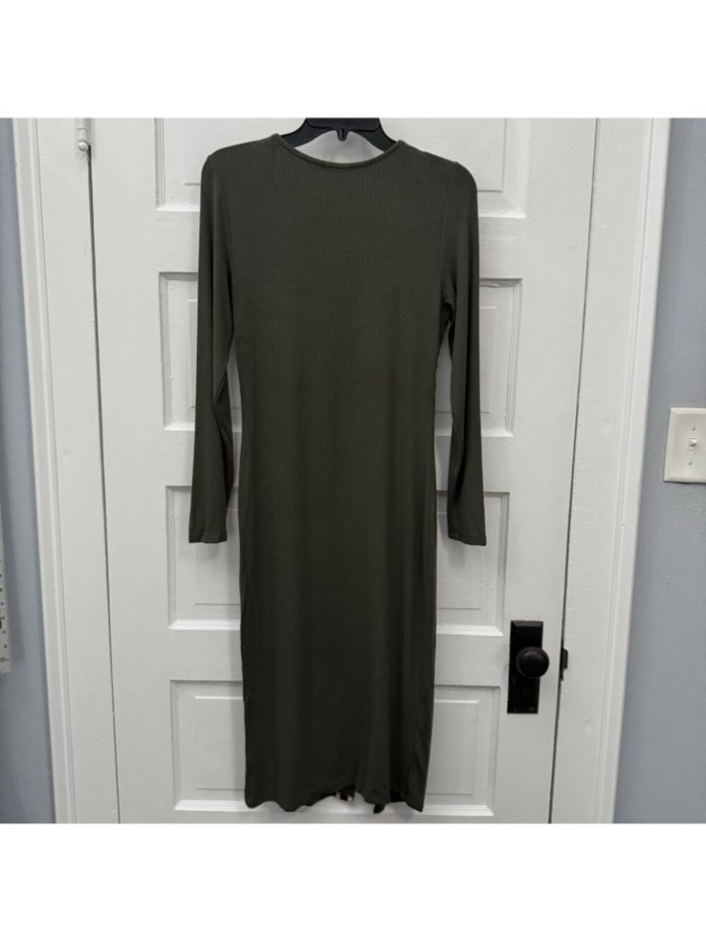 Bordeaux Ribbed Midi Dress S Olive Green Long Sleeve Side Stripe Bodycon - Picture 5 of 8